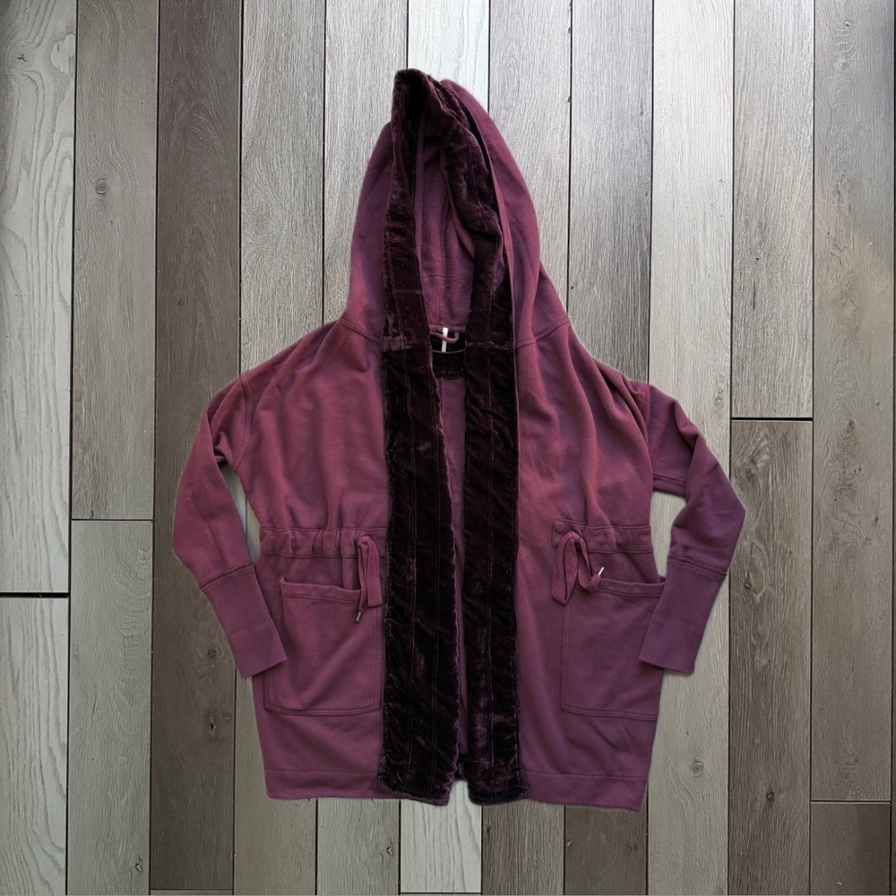 Free People Westwood Cardi Hooded Cardigan Velvet Trim Berry Oversized